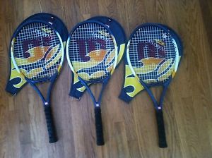 3 Wilson US Open tennis racquets lot string tension 50-60 lbs 4 3/8 cover racket