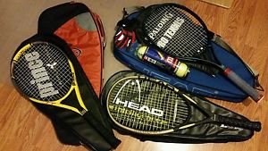 Spalding 110, Head i.S10, and Prince TT Scream with leather cases, bags & balls