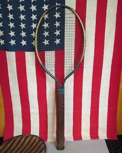 Vintage 1920s Dayton Steel Tennis Racquet Wood Handle +Head Cover Great Display!