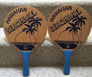 Vintage Wooden Hawaiian Beachball Paddles 10" x 16" Blue Handles