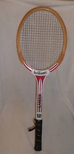 Vintage Wilson Lancer tennis racket wood W white red silver Strata Bow grip
