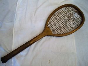 Antique Wood Flat Top Tennis Racquet Orig Gut Strings
