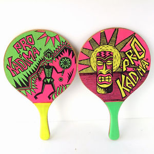 Pro Kadima Paddle Ball Wooden Racquet Neon 80s Tiki Graphics Beach Paint Smash