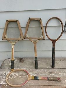 ANTIQUE TENNIS RACKETS LOT OF 4 W HARD CASES ROYAL REGENT DICKSORY PLAYERS NAMES