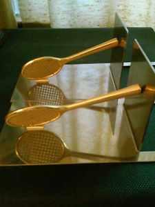 UNIQUE STAINLESS AND GOLD TONE TENNIS RACQUET BOOKENDS MADE IN ITALY
