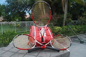 Three Wilson Tennis Racquet Steam 99 plus Wilson 12 pack bag