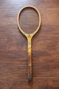 Vintage SPALDING GREENWOOD Wooden Tennis Racket Antique Double Lion Crest Green