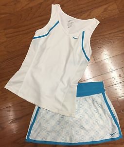 Nike Dri-Fit Tennis Outfit Skirt & Top White Turquoise Ladies Size Small EUC