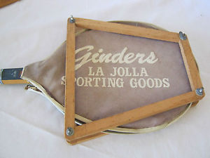 Vintage Mary Hardwick racket, Ginder's La Jolla sporting goods cover, frame.