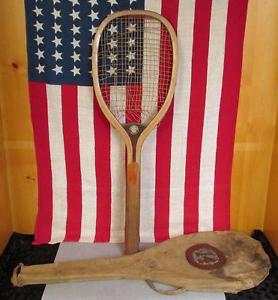Vintage Spalding Antique Wood Gold Medal Tennis Racquet w/ Tote Bag early 1900s