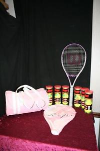 WILSON HOPE PINK TENNIS RACQUET 4 1/4 L2 W/ CASE PINK BAG & 17 PENN TENNIS BALLS