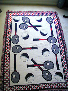 Tennis Racquets and Balls 100% Cotton Woven Afghan Throw Blanket Washable Last 1