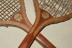 Early 1900s ANTIQUE Wright&Ditson SPALDING TENNIS RACKETS Checked Wood Grip PAIR