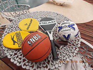 LOT OF 3 TENNIS RACKETS HEAD DUNLOP SLAZENGER PLUS SOCCER BALL AND BASKETBALL