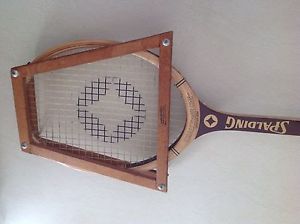 Spalding Challenge Cup Wood Oversize Tennis Bow Racquet & Press Guard