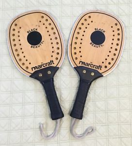 VINTAGE PAIR OF MARCRAFT BLACK BEAUTY PROFESSIONAL PLATFORM TENNIS PADDLES USA
