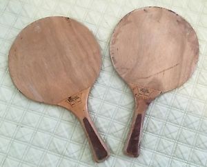 VINTAGE PAIR OF ORIGINAL TING DONG BEACH PADDLES MADE IN ISRAEL INLAID HANDLES