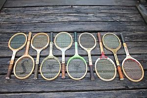 VTG lot 10 wooden tennis racquets Rawlings Wilson wood Autograph racket wall art