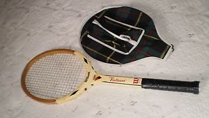 VINTAGE WILSON VALIANT TENNIS RACKET & PLAID TENNIS COVER WITH 3 BALL HOLDER