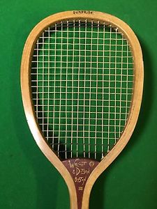 ANTIQUE WRIGHT & DITSON SOLID WEDGE CHECKERED HANDLE SURPRISE WOOD TENNIS RACKET