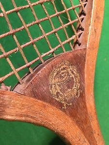 ANTIQUE CHECKERED HANDLE SOLID WEDGE SPALDING WOOD TENNIS RACKET