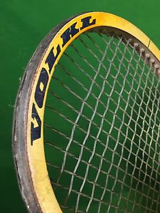 VINTAGE 1972 VOLKL ZEBRA YELLOW & BLUE FIBERGLASS TENNIS RACKET W/FOAM CORE