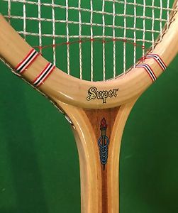 VINTAGE SLAZENGER SUPER W/OLYMPIC RINGS WOOD TENNIS RACKET W/PRESS ENGLAND