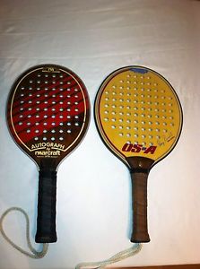 PAIR (2) MARCRAFT Wooden Paddle Ball Racquets AUTOGRAPH  OS-A DOUG RUSSEL vtg