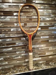 ANTIQUE WRIGHT & DITSON "LONGWOOD" CHECK HANDLE SOLID WEDGE WOOD TENNIS RACKET