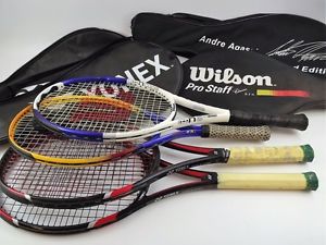 Lot of 4 Tennis Rackets, Wilson N6 Hybrid,Agassi 25,2x Yonex, W/ Carrying Cases