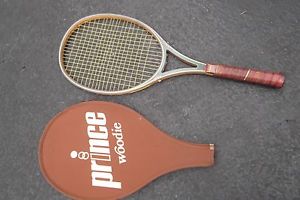 vtg 1980 Prince Woodie graphite wood 4 3/8 leather grip tennis racquet & cover