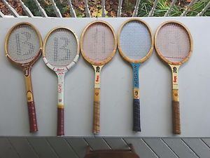 5 Vintage Billie Jean King Signature Wood Tennis Racquets, Bancroft, Wilson