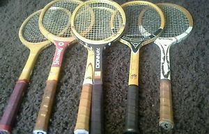 6 Vintage Wood Tennis Raquets Donnway Spalding Wilson Slazenger Davis Size 4 1/2