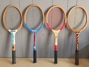 Lot Of Four Vintage Wooden Tennis Rackets Wilson Adidas Etc.
