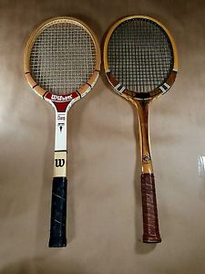 Vtg DAVIS Imperial & WILSON Pro Champ Wooden Tennis Rackets W/ Covers & Presses