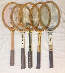 LOT of 5 Vintage Wood Tennis Racquets-Spalding-Wilson-Rossignol-LQQK