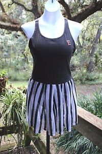 Nike dri fit black with netted black white stripe skirt tank tennis dress ~ L