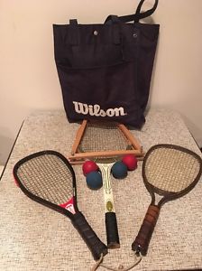 Vintage Lot of 1 Wooden Tennis Racket And 2 Racquet balls each with a Wilson Bag