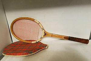 VINTAGE ANTIQUE WOOD TENNIS RACKET 1960's FRED PERRY signature W/ COVER