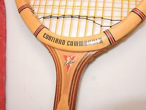 VTG ANTIQUE CORTLAND WOOD TENNIS RACQUET CANVAS COVER LEATHER WRAPPED HANDLE