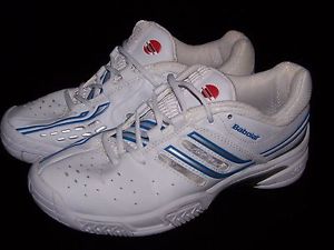 Mens Babolat Drive Tennis Shoes White Silver Blue Vibrakill Michelin OCS  8 EUC