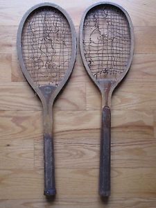 PAIR ANTIQUE WOOD TENNIS RACQUET- SD&G NEWPORT-ONE UNMARKED