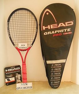 Head Graphite Pro XLong C Tech OS Tennis Racquet 4 1/2" NEW STRINGS + OVERGRIP