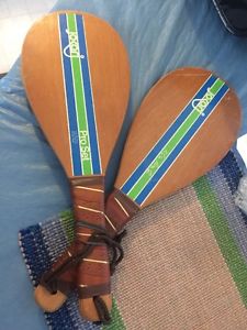 Jokari Pro Set Wood Racquet Ball Paddles Kyle Rote Jr Vintage 1970s Paddle