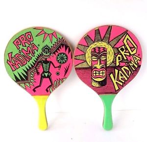 Pro Kadima Paddle Ball Neon 80s Tiki Graphics Beach Paint Wooden Smash Racquet