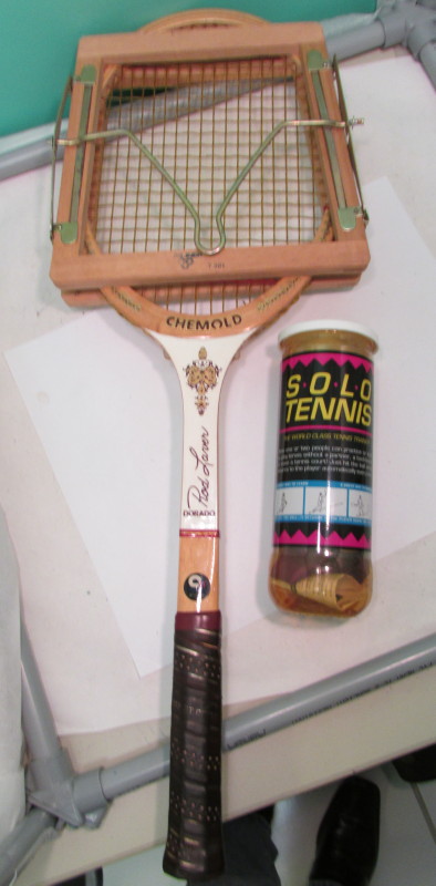 Vintage Chemold Rod Laver Wooden Racquet, Brace & Solo Tennis Trainer