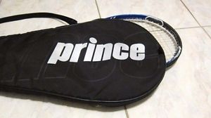 USED PRINCE BLUE TENNIS RACKET WITH CASE, GRIP, AND BADMINTEN SHUTTLECOCK