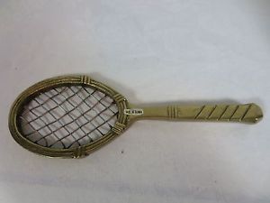 Vintage Small WOODEN-Style BRASS TENNIS RACKET PAPERWEIGHT or Wall Hanging ~7"