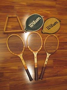 Lot of 3 Vintage Wilson Jack Kramer Wood Tennis Racquets w/ 2 Covers & 1 Press