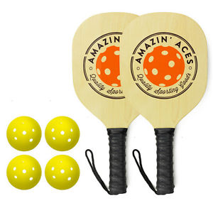 Pickleball Paddle Bundle (Set Includes Two Wood Paddles + Four Balls)